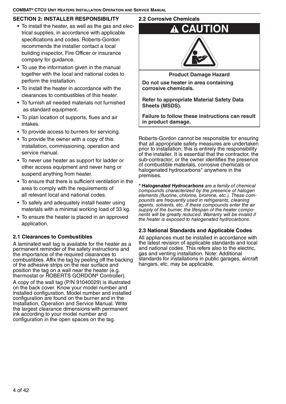 Section 2: installer responsibility, Caution | Roberts Gorden Compact Tubular Unit Heaters CTCU 27 User Manual | Page 10 / 50