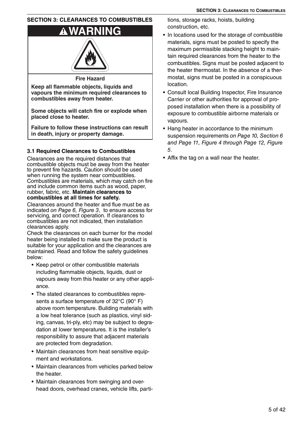 Section 3: clearances to combustibles, 1 required clearances to combustibles, Warning | Roberts Gorden Compact Tubular Unit Heaters CTCU 27 User Manual | Page 11 / 50