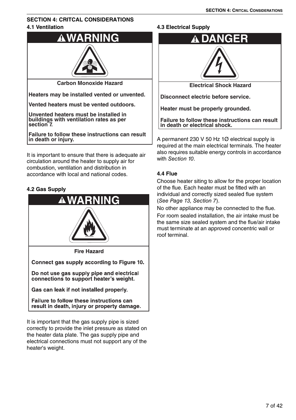 Section 4: critcal considerations, Warning, Danger | Roberts Gorden Compact Tubular Unit Heaters CTCU 27 User Manual | Page 13 / 50