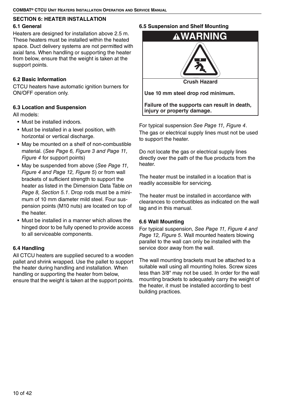 Section 6: heater installation, Warning | Roberts Gorden Compact Tubular Unit Heaters CTCU 27 User Manual | Page 16 / 50