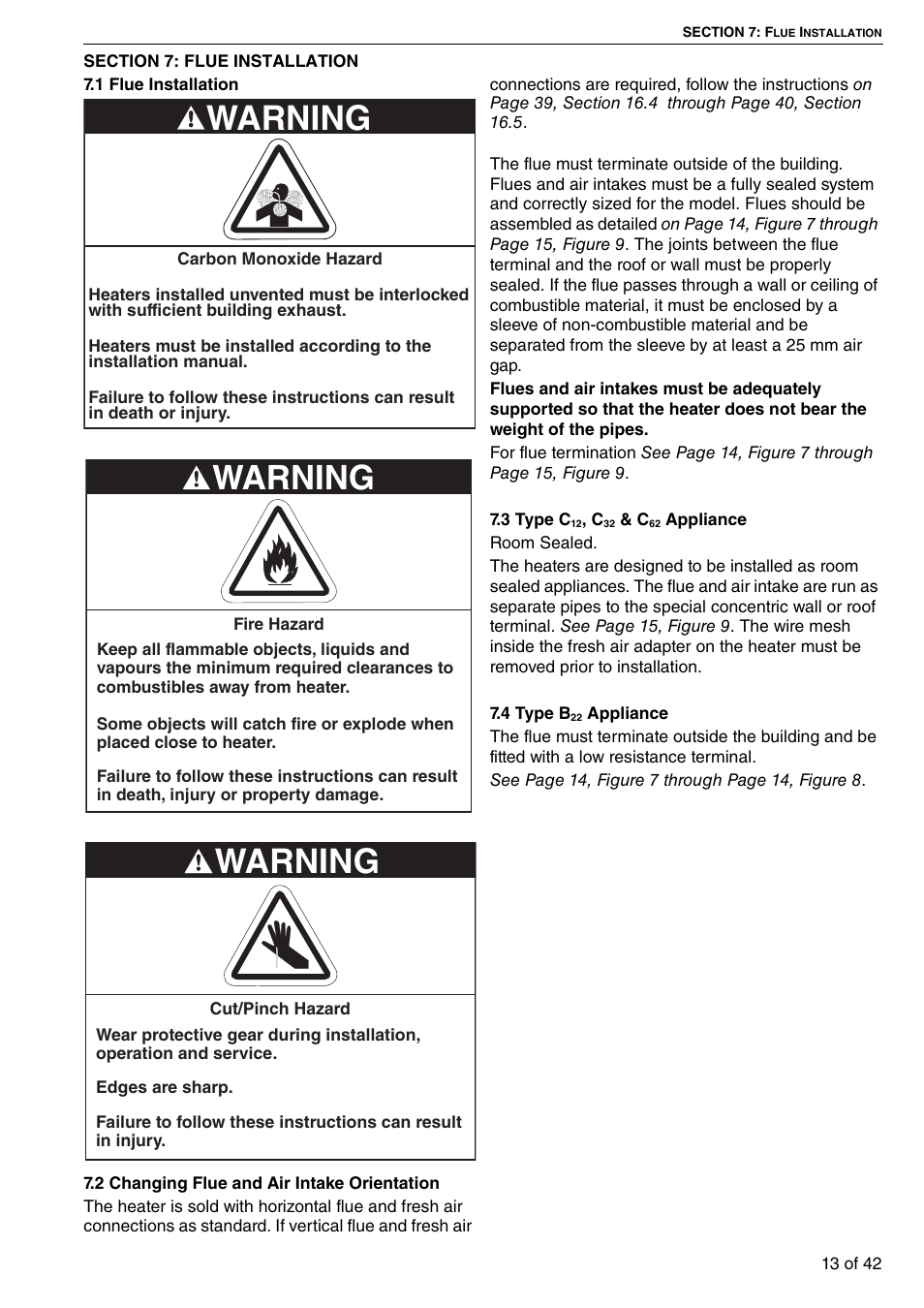 Section 7: flue installation, 4 type b, Warning | Roberts Gorden Compact Tubular Unit Heaters CTCU 27 User Manual | Page 19 / 50
