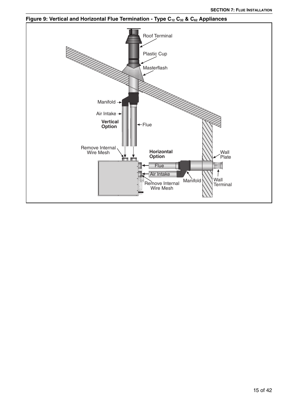 Figure 9: vertical and horizontal flue termination, Type c, Through | Roberts Gorden Compact Tubular Unit Heaters CTCU 27 User Manual | Page 21 / 50