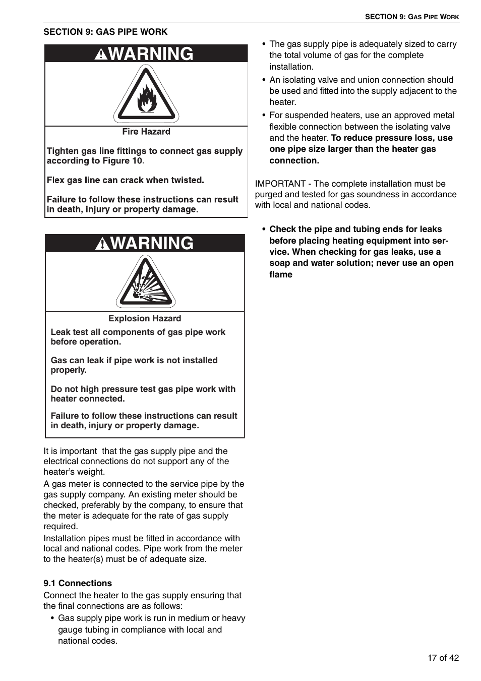 Section 9: gas pipe work, 1 connections, Warning | Roberts Gorden Compact Tubular Unit Heaters CTCU 27 User Manual | Page 23 / 50