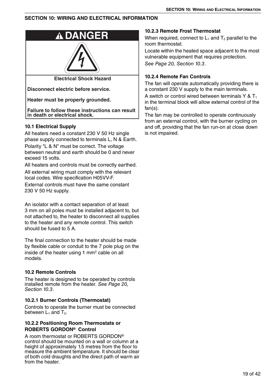 Section 10: wiring and electrical information, 1 electrical supply 10.2 remote controls, Danger | Roberts Gorden Compact Tubular Unit Heaters CTCU 27 User Manual | Page 25 / 50