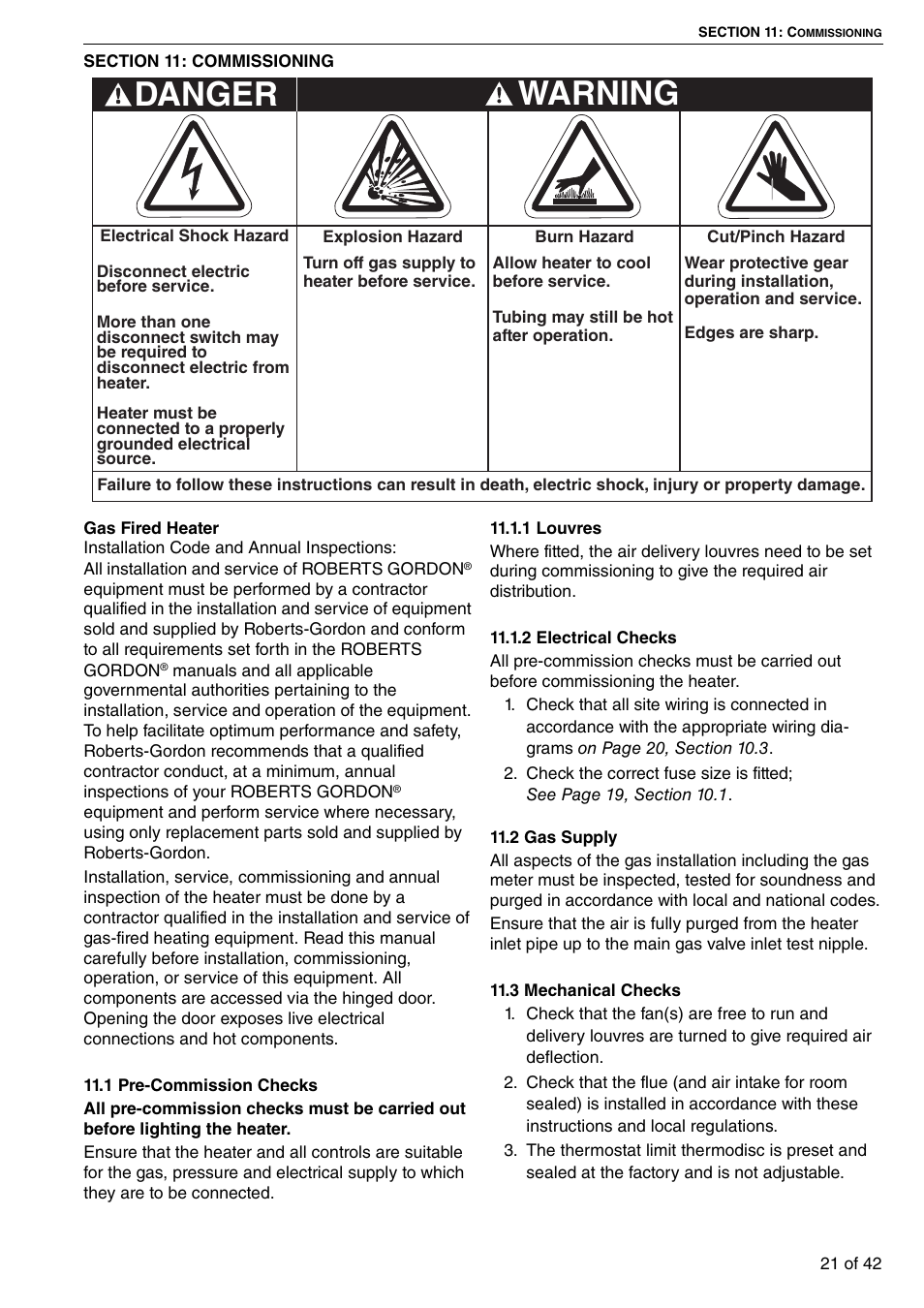 Section 11: commissioning, Warning, Danger | Roberts Gorden Compact Tubular Unit Heaters CTCU 27 User Manual | Page 27 / 50