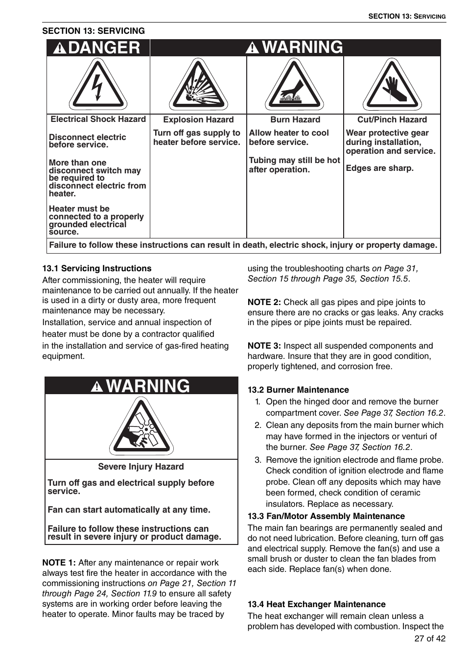Section 13: servicing, Warning, Danger | Roberts Gorden Compact Tubular Unit Heaters CTCU 27 User Manual | Page 33 / 50