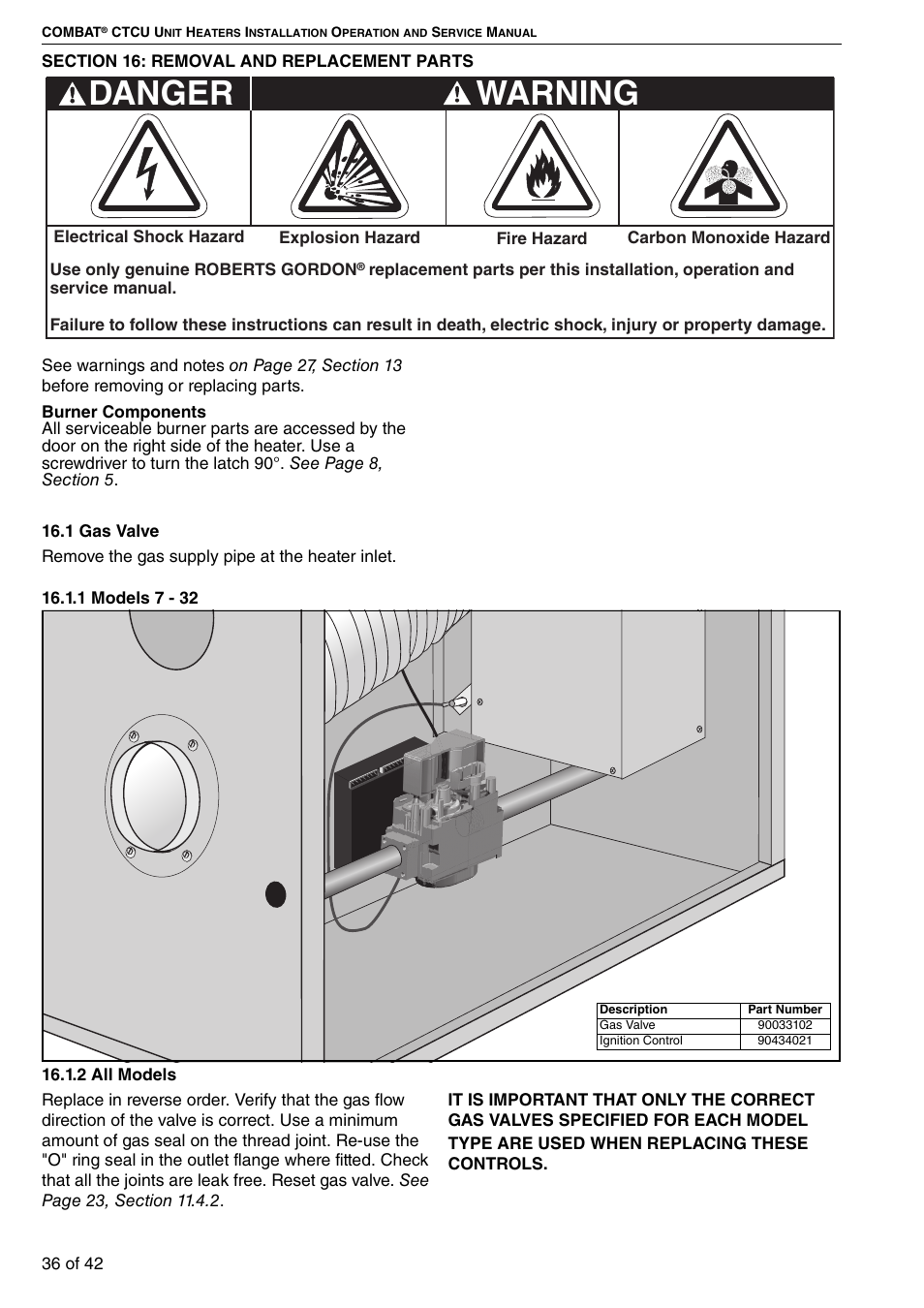 Section 16: removal and replacement parts, 1 gas valve, 36, step 16.1 | 1 fo, Warning, Danger | Roberts Gorden Compact Tubular Unit Heaters CTCU 27 User Manual | Page 42 / 50