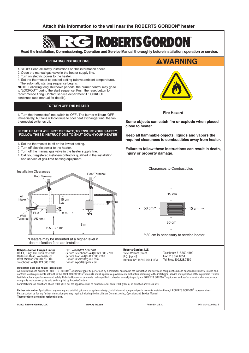 Warning, Heater | Roberts Gorden Compact Tubular Unit Heaters CTCU 27 User Manual | Page 50 / 50