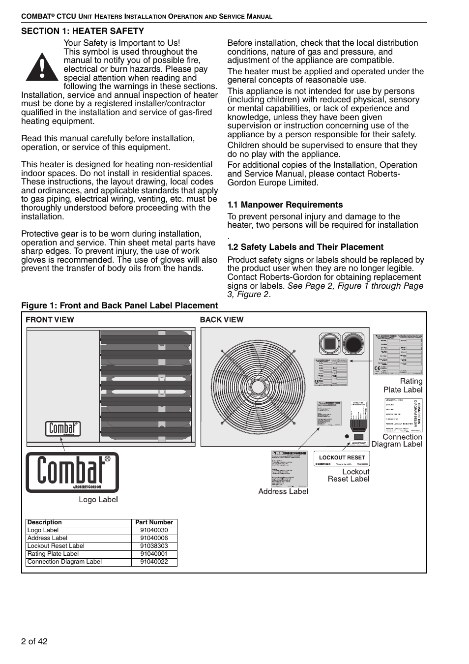Section 1: heater safety, Figure 1: front and back panel label placement | Roberts Gorden Compact Tubular Unit Heaters CTCU 27 User Manual | Page 8 / 50