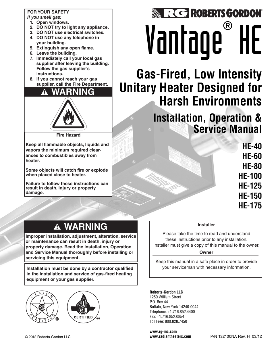 Roberts Gorden Low Intensity Unitary Heater Designed for Harsh Environments HE-40 User Manual | 72 pages