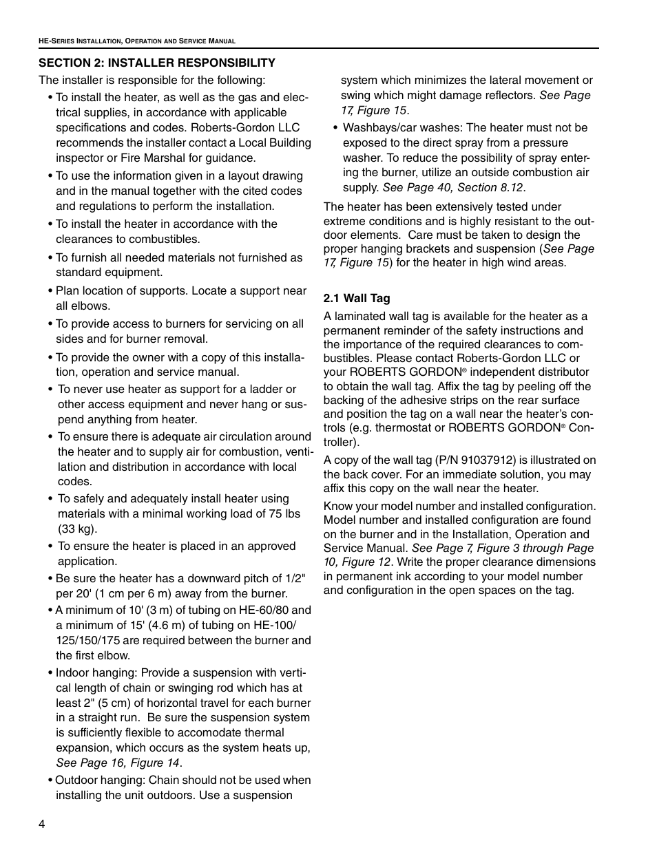 Section 2: installer responsibility, 1 wall tag | Roberts Gorden Low Intensity Unitary Heater Designed for Harsh Environments HE-40 User Manual | Page 10 / 72
