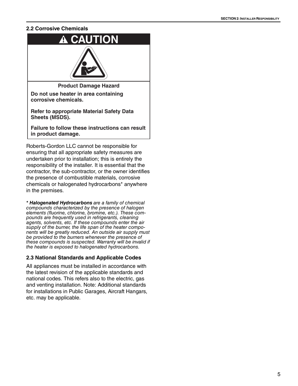 2 corrosive chemicals, 3 national standards and applicable codes, Caution | Roberts Gorden Low Intensity Unitary Heater Designed for Harsh Environments HE-40 User Manual | Page 11 / 72