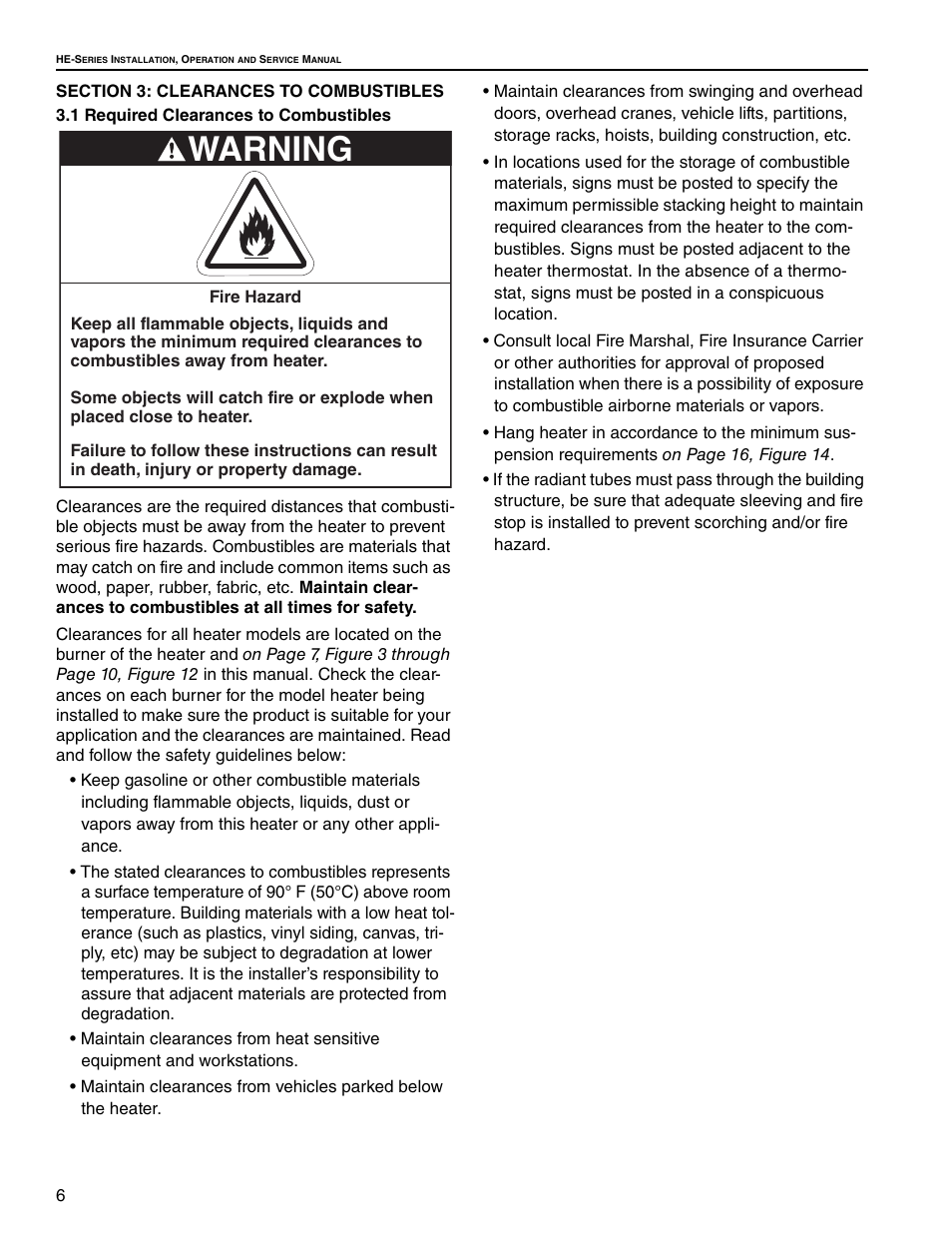 Section 3: clearances to combustibles, 1 required clearances to combustibles, Warning | Roberts Gorden Low Intensity Unitary Heater Designed for Harsh Environments HE-40 User Manual | Page 12 / 72