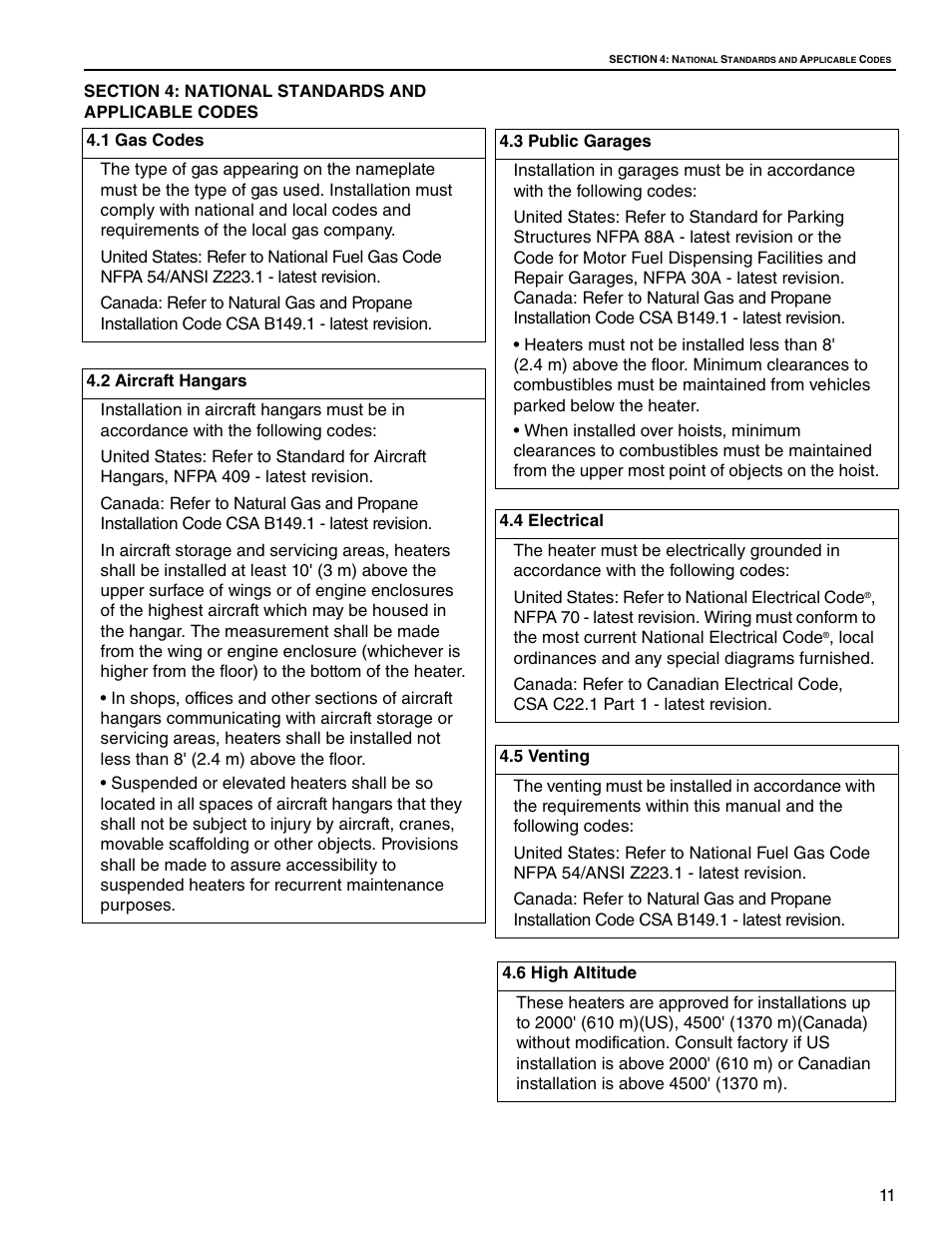 Section 4: national standards and applicable codes, 1 gas codes, 2 aircraft hangars | 3 public garages, 4 electrical, 5 venting, 6 high altitude | Roberts Gorden Low Intensity Unitary Heater Designed for Harsh Environments HE-40 User Manual | Page 17 / 72