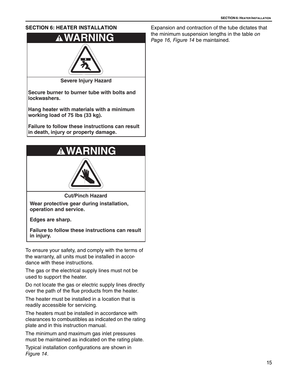 Section 6: heater installation, Warning | Roberts Gorden Low Intensity Unitary Heater Designed for Harsh Environments HE-40 User Manual | Page 21 / 72