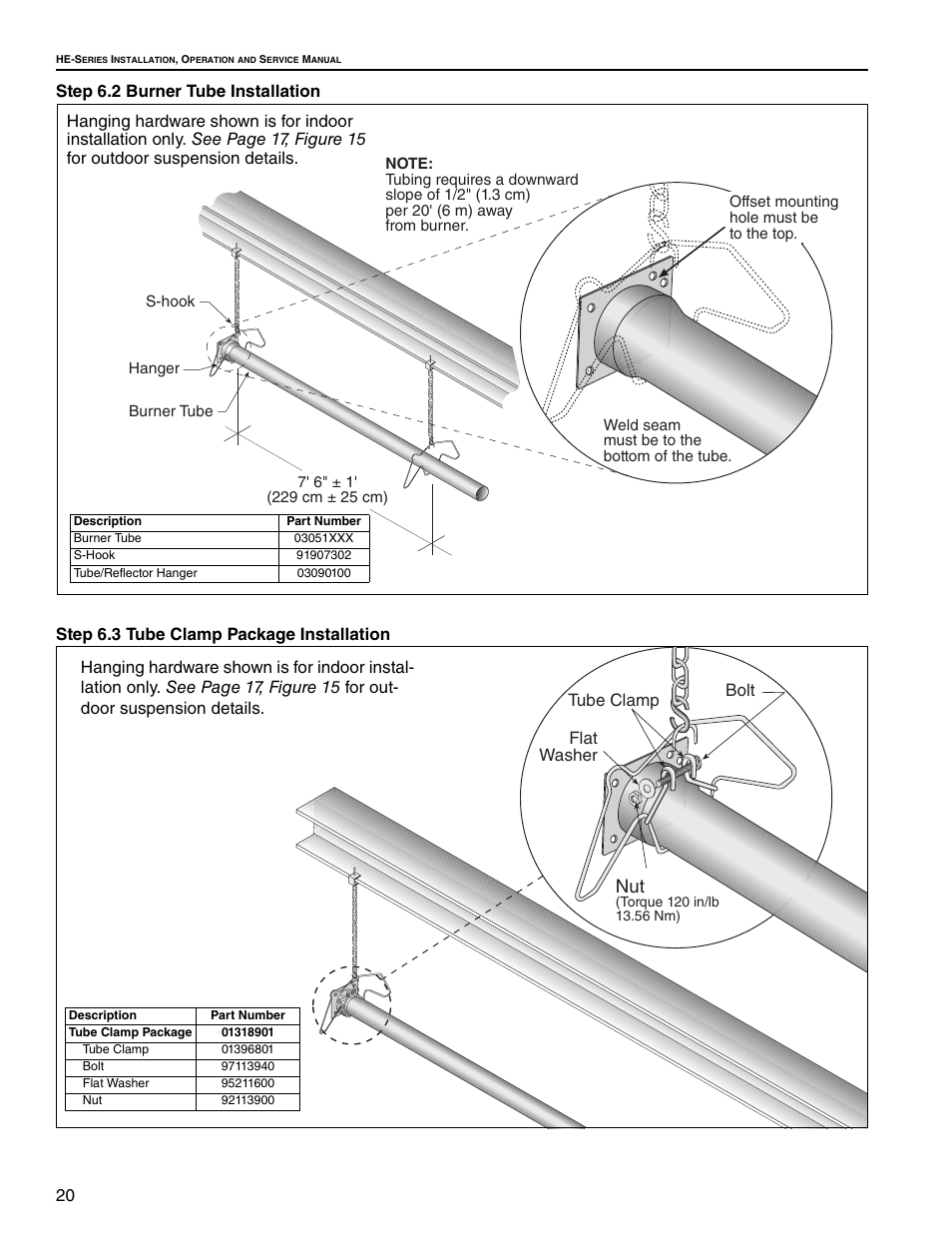 Step 6.2 burner tube installation, Step 6.3 tube clamp package installation | Roberts Gorden Low Intensity Unitary Heater Designed for Harsh Environments HE-40 User Manual | Page 26 / 72