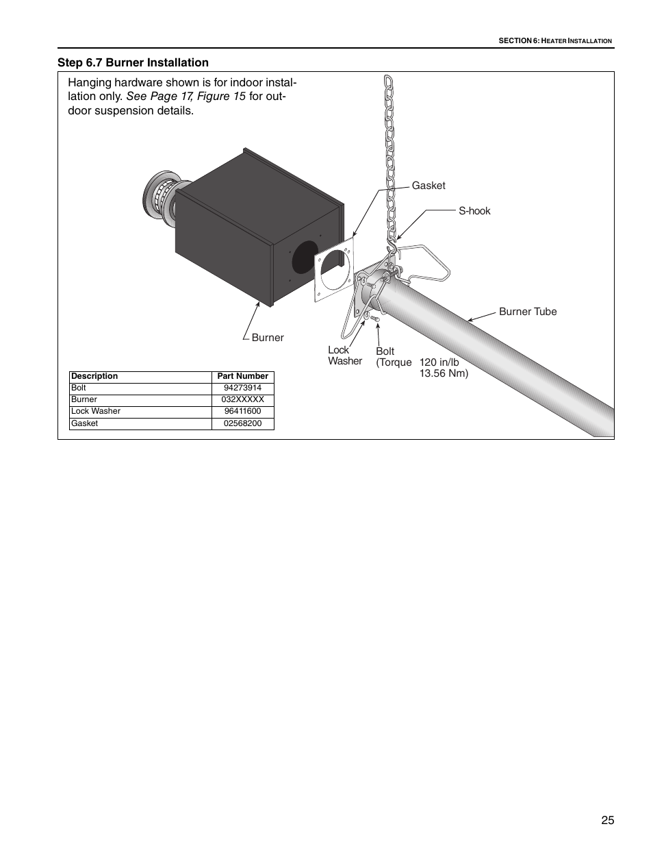 Step 6.7 burner installation, 7 burner installation, 25 step 6.7 burner installation | Roberts Gorden Low Intensity Unitary Heater Designed for Harsh Environments HE-40 User Manual | Page 31 / 72