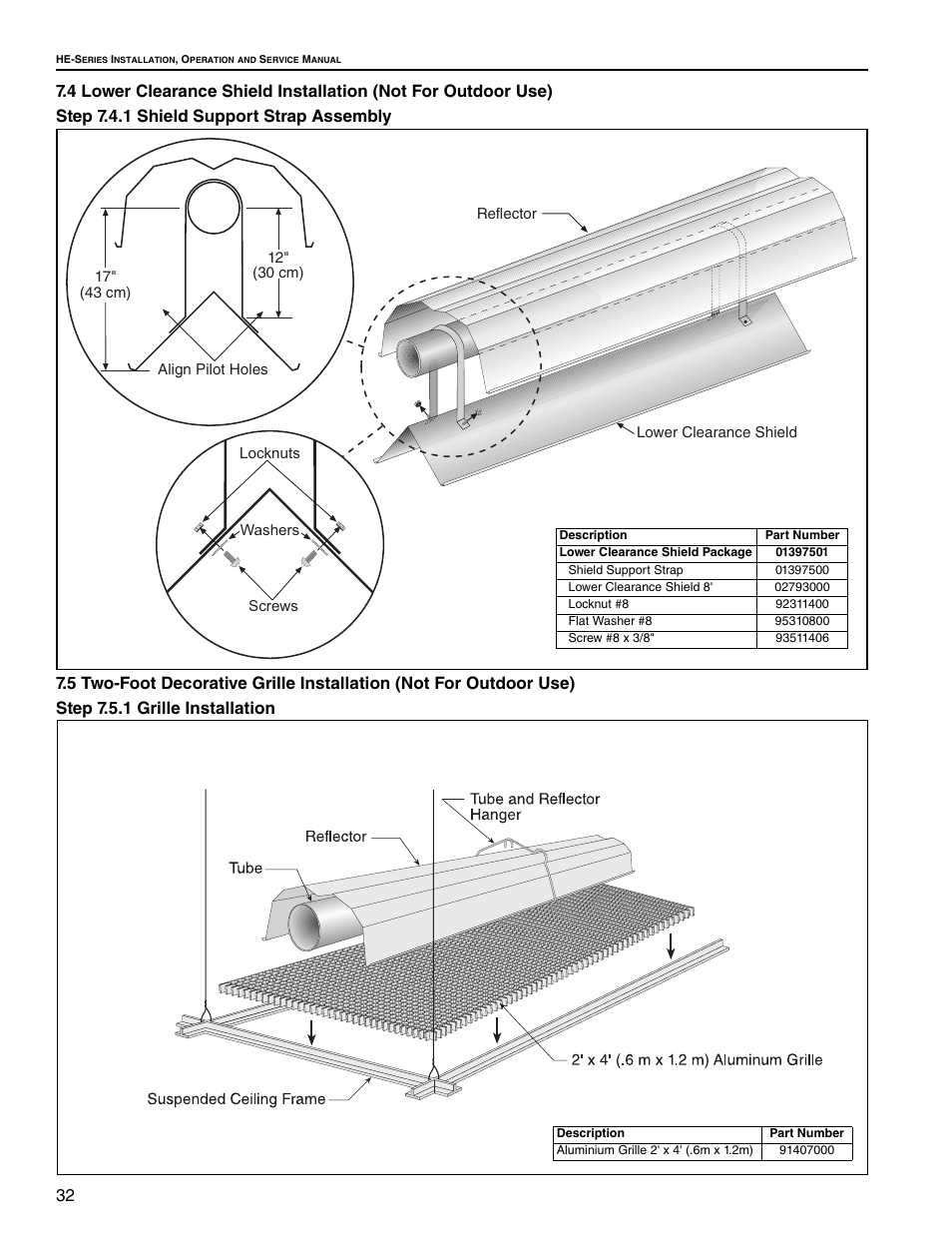 Step 7.4.1 shield support strap assembly, Step 7.5.1 grille installation, 4 lower clearance shield installation | 5 two-foot decorative grille installation | Roberts Gorden Low Intensity Unitary Heater Designed for Harsh Environments HE-40 User Manual | Page 38 / 72