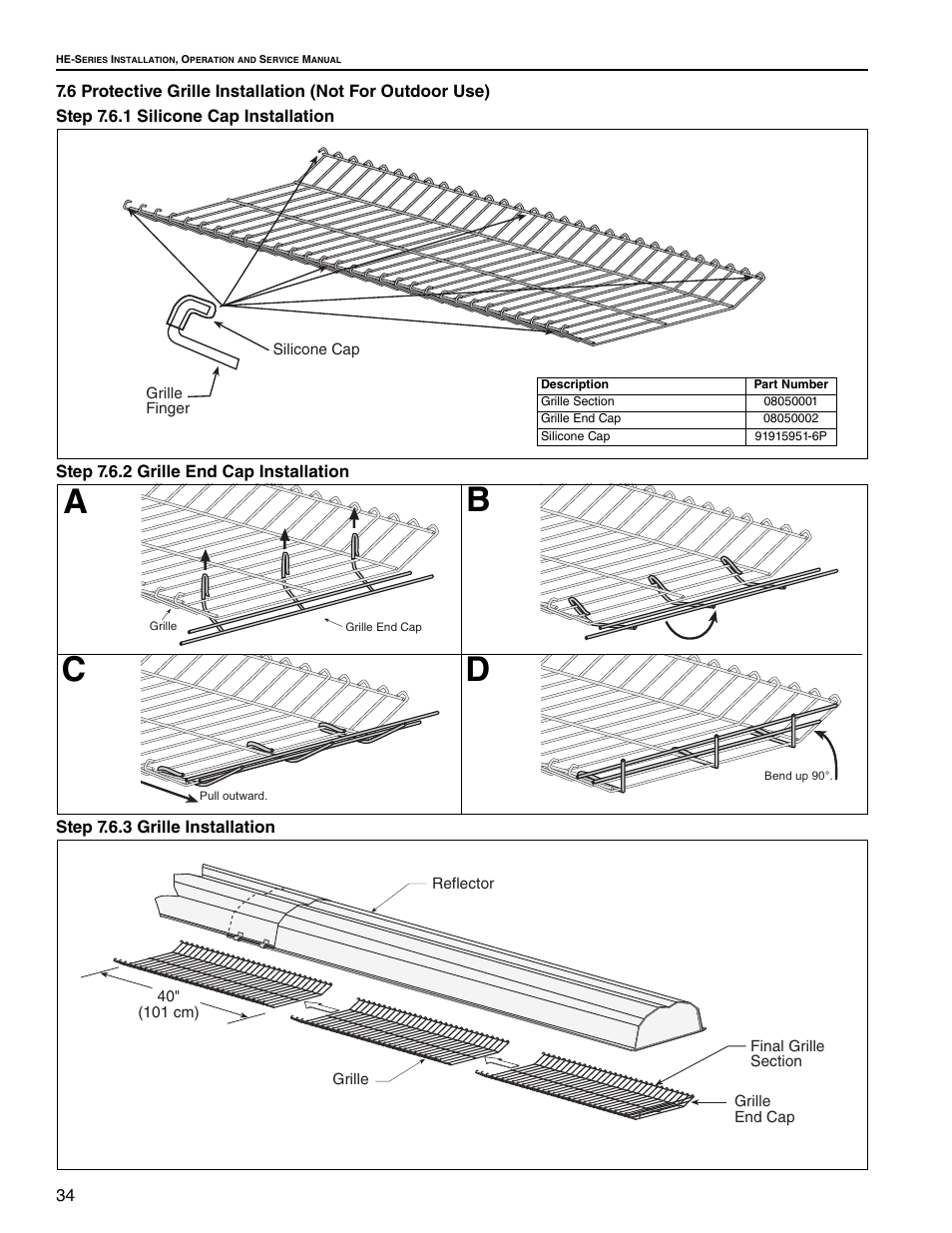Step 7.6.1 silicone cap installation, Step 7.6.2 grille end cap installation, Step 7.6.3 grille installation | 6 protective grille installation, Ab c d | Roberts Gorden Low Intensity Unitary Heater Designed for Harsh Environments HE-40 User Manual | Page 40 / 72