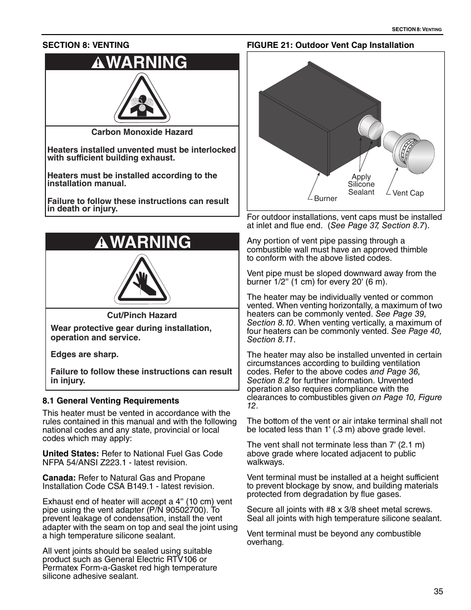 Section 8: venting, 1 general venting requirements, Figure 21: outdoor vent cap installation | Warning | Roberts Gorden Low Intensity Unitary Heater Designed for Harsh Environments HE-40 User Manual | Page 41 / 72