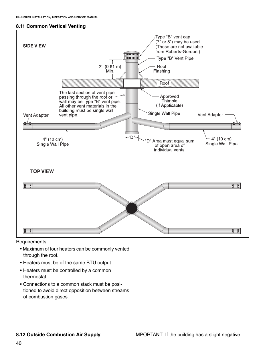 11 common vertical venting, 12 outside combustion air supply, Section 8.11 | Roberts Gorden Low Intensity Unitary Heater Designed for Harsh Environments HE-40 User Manual | Page 46 / 72