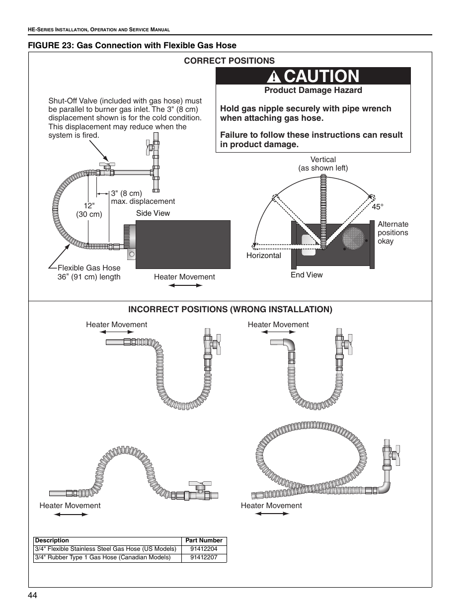 Figure 23: gas connection with flexible gas hose, Caution | Roberts Gorden Low Intensity Unitary Heater Designed for Harsh Environments HE-40 User Manual | Page 50 / 72