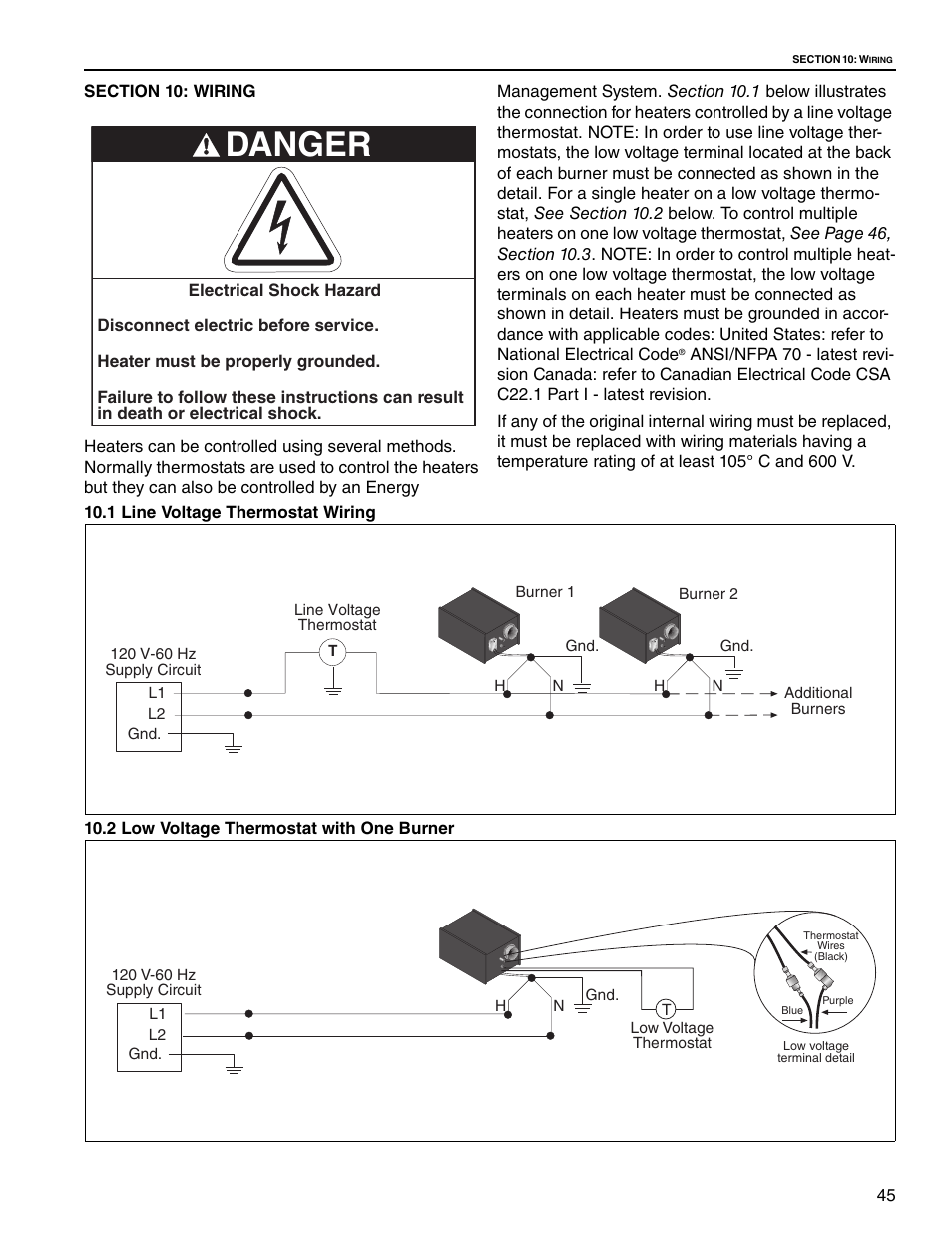 Section 10: wiring, 1 line voltage thermostat wiring, 2 low voltage thermostat with one burner | Danger | Roberts Gorden Low Intensity Unitary Heater Designed for Harsh Environments HE-40 User Manual | Page 51 / 72