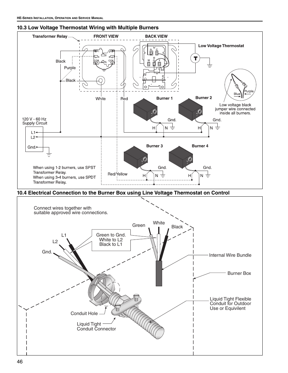 3 low voltage thermostat wiring with multiple, 4 electrical connection to the burner box using, Section 10.3 | Roberts Gorden Low Intensity Unitary Heater Designed for Harsh Environments HE-40 User Manual | Page 52 / 72