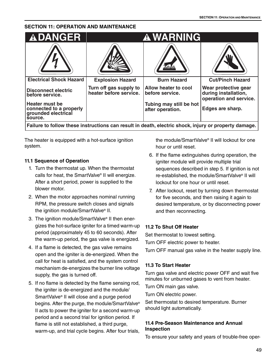 Section 11: operation and maintenance, 1 sequence of operation, 2 to shut off heater | 3 to start heater, 4 pre-season maintenance and annual inspection, Warning, Danger | Roberts Gorden Low Intensity Unitary Heater Designed for Harsh Environments HE-40 User Manual | Page 55 / 72