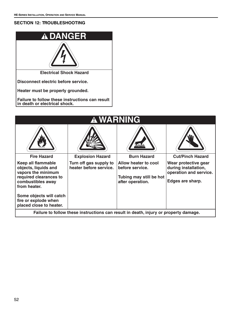 Section 12: troubleshooting, Danger, Warning | Roberts Gorden Low Intensity Unitary Heater Designed for Harsh Environments HE-40 User Manual | Page 58 / 72