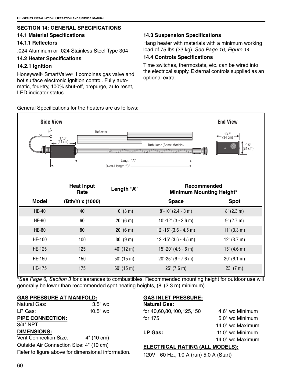 Section 14: general specifications, 1 material specifications, 1 reflectors | 2 heater specifications, 1 ignition, 3 suspension specifications, 4 controls specifications | Roberts Gorden Low Intensity Unitary Heater Designed for Harsh Environments HE-40 User Manual | Page 66 / 72
