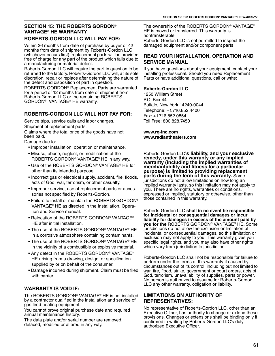Section 15: the roberts gordon, Vantage, He warranty roberts-gordon llc will pay for | Roberts-gordon llc will not pay for, Warranty is void if, Limitations on authority of representatives | Roberts Gorden Low Intensity Unitary Heater Designed for Harsh Environments HE-40 User Manual | Page 67 / 72