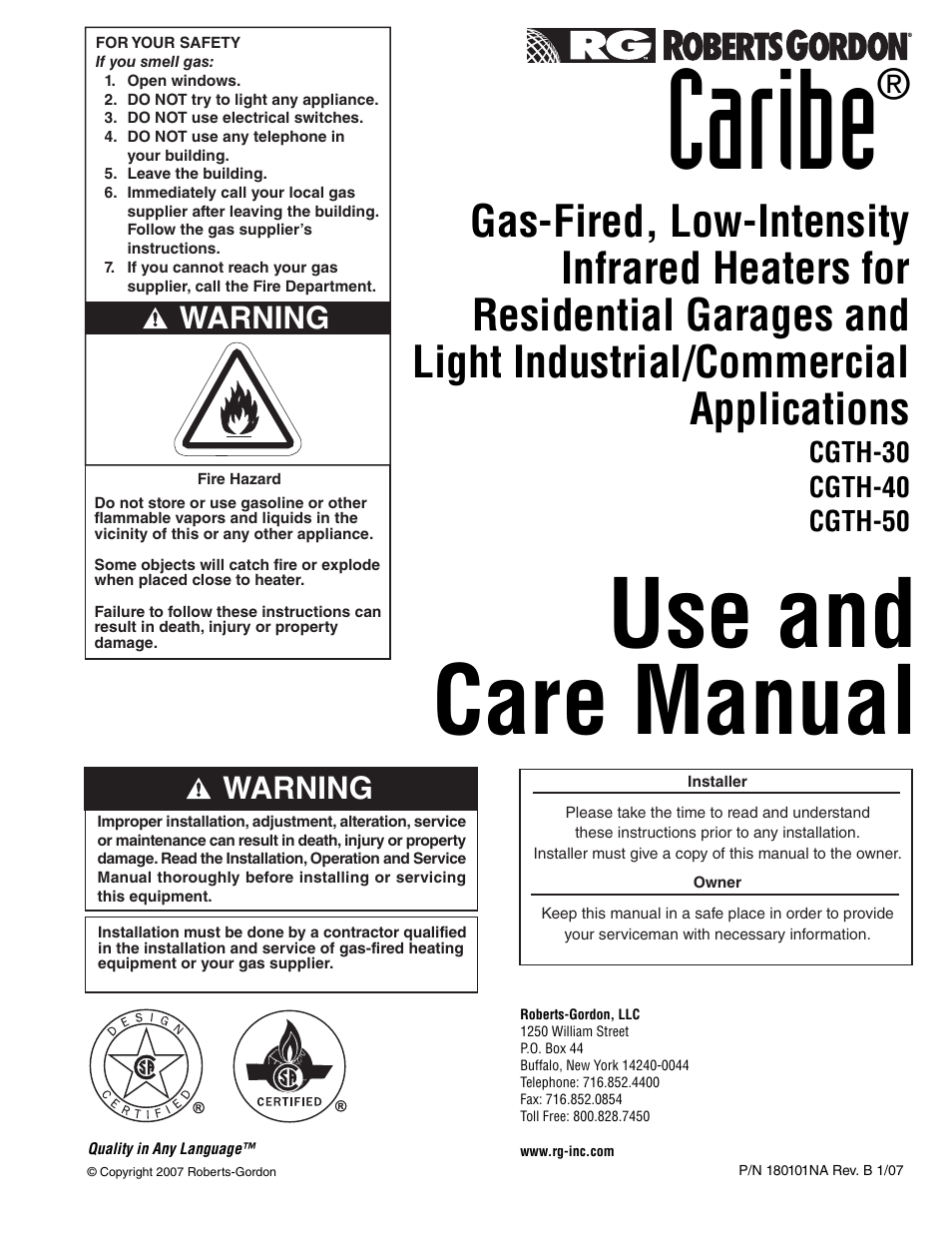 Roberts Gorden CGTH-30 User Manual | 30 pages