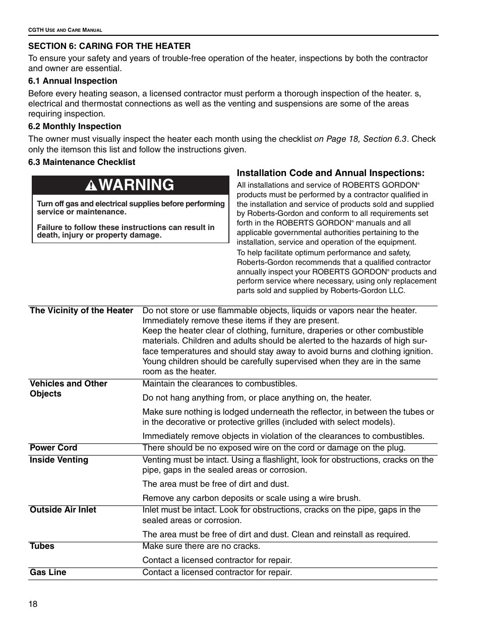 Warning | Roberts Gorden CGTH-30 User Manual | Page 24 / 30