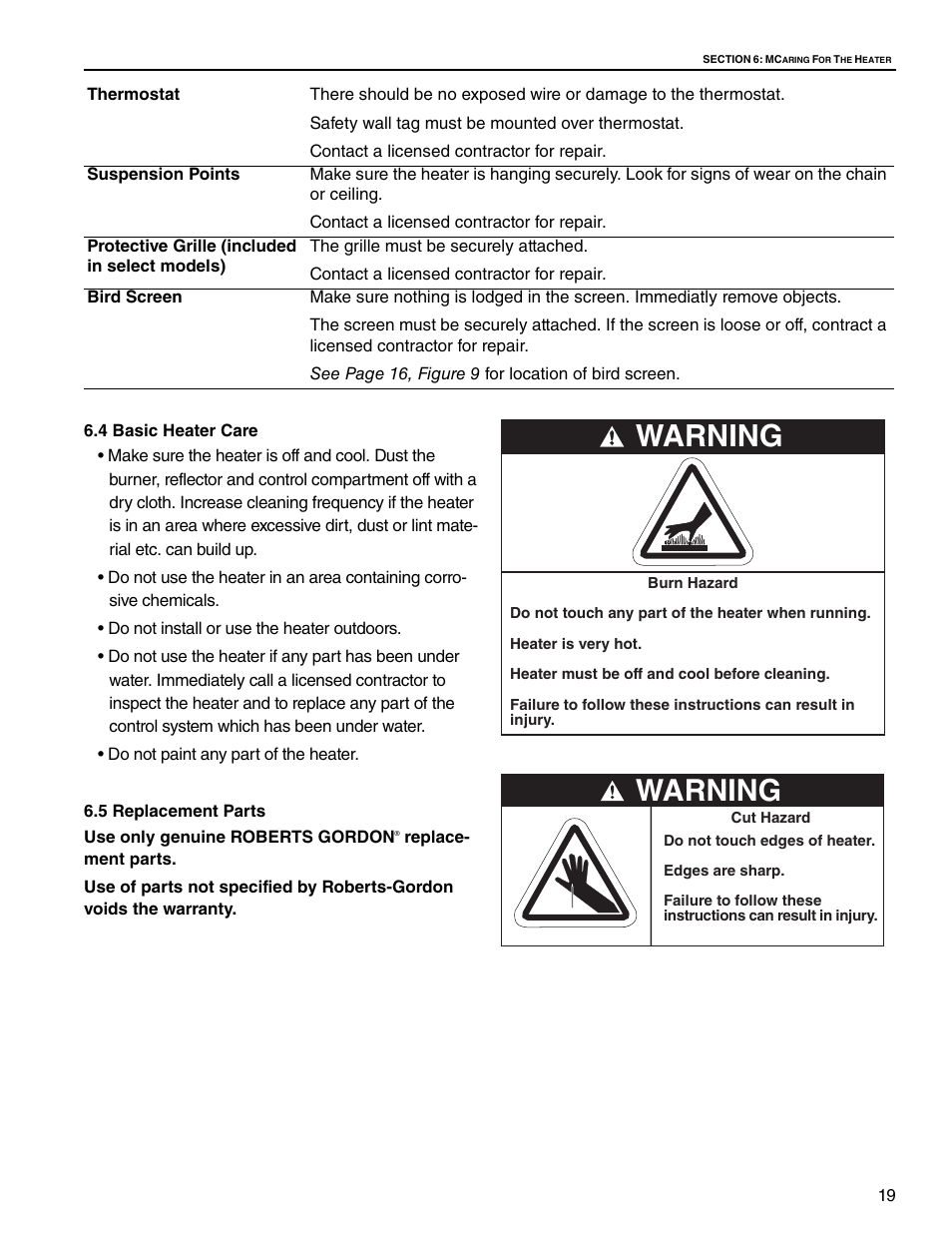 Warning | Roberts Gorden CGTH-30 User Manual | Page 25 / 30