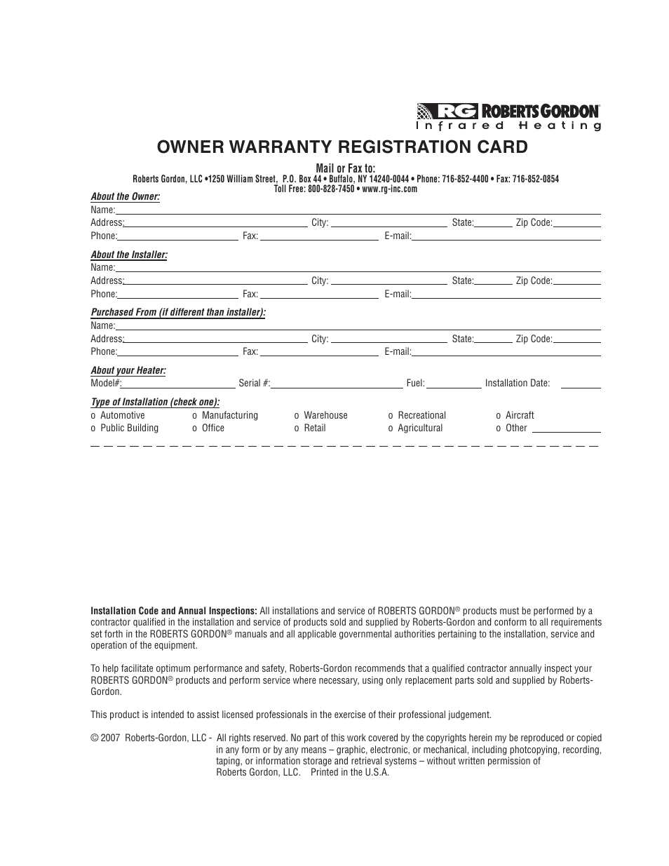 Owner warranty registration card | Roberts Gorden CGTH-30 User Manual | Page 29 / 30