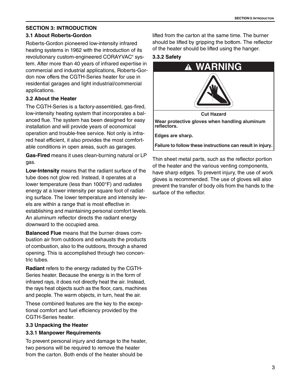 Warning | Roberts Gorden CGTH-30 User Manual | Page 9 / 30