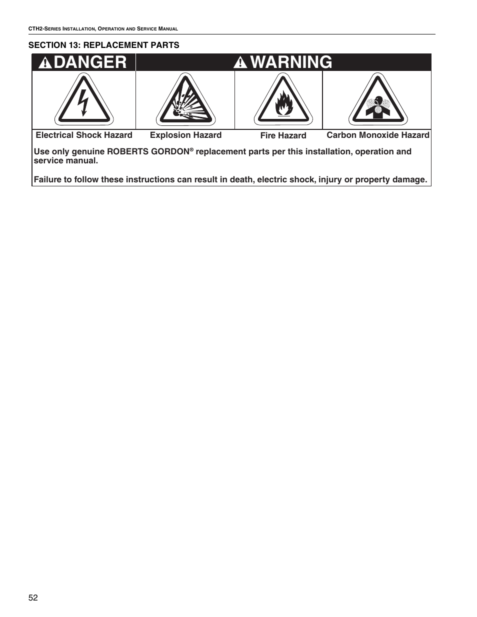 Warning, Danger | Roberts Gorden VANTAGE II CTH2-40 User Manual | Page 58 / 68