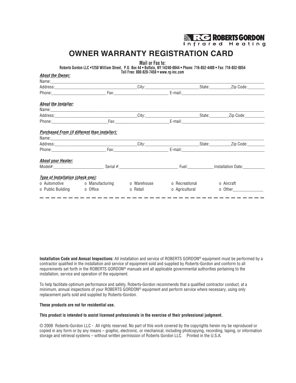 Owner warranty registration card | Roberts Gorden VANTAGE II CTH2-40 User Manual | Page 65 / 68