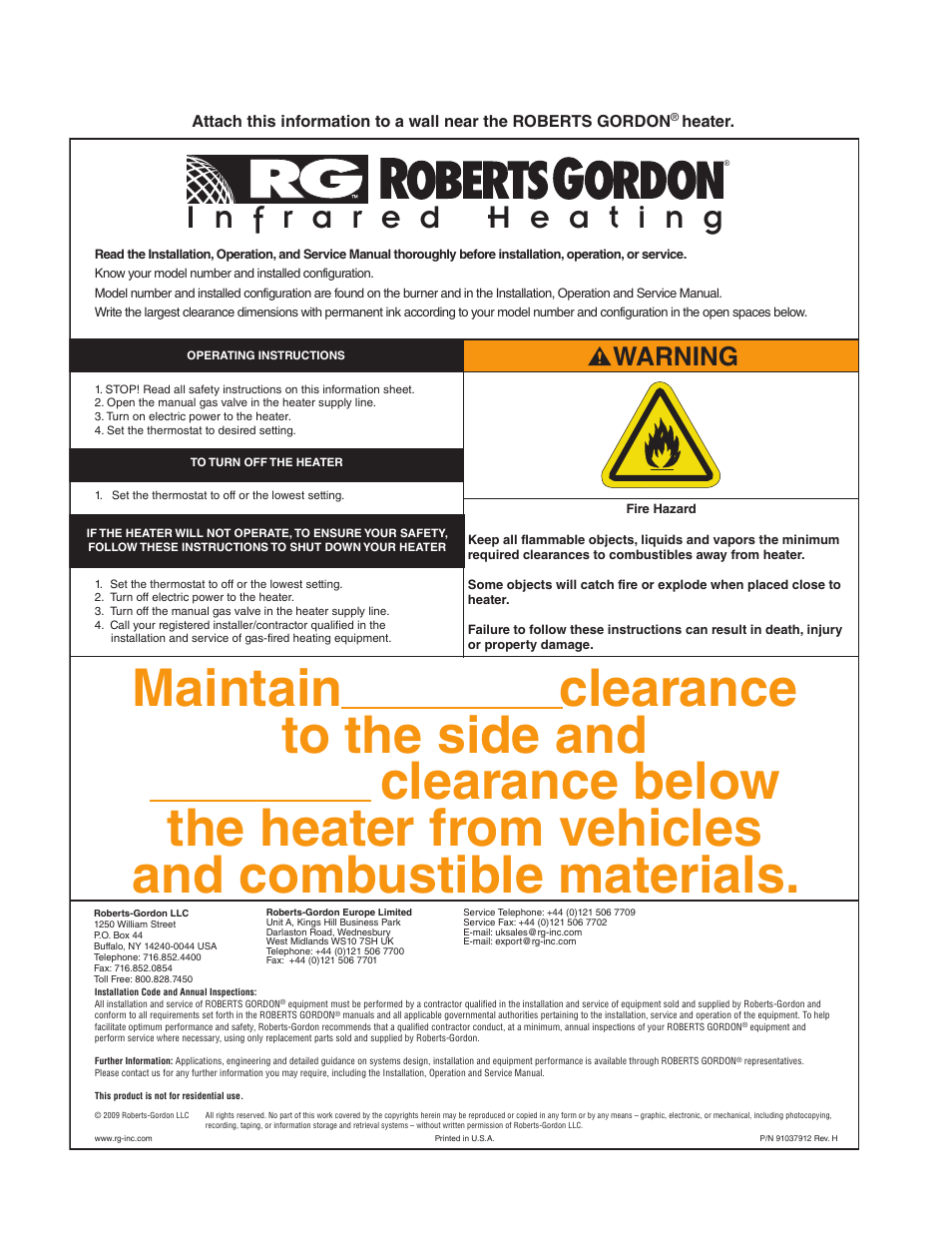 Warning | Roberts Gorden VANTAGE II CTH2-40 User Manual | Page 68 / 68