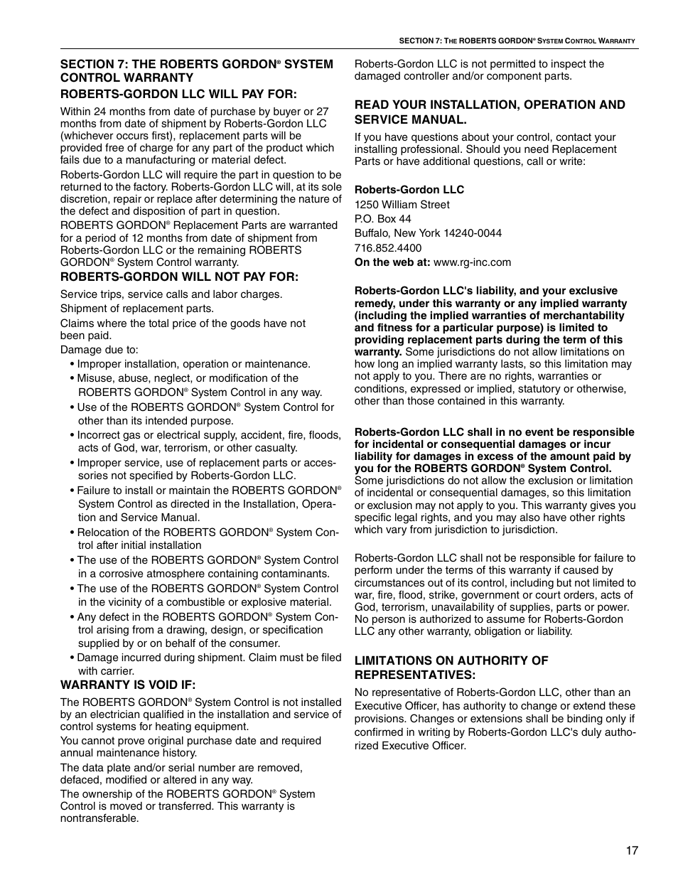 Roberts-gordon will not pay for, Warranty is void if, Limitations on authority of representatives | Roberts Gorden System Control HP 208 V 3 User Manual | Page 23 / 24