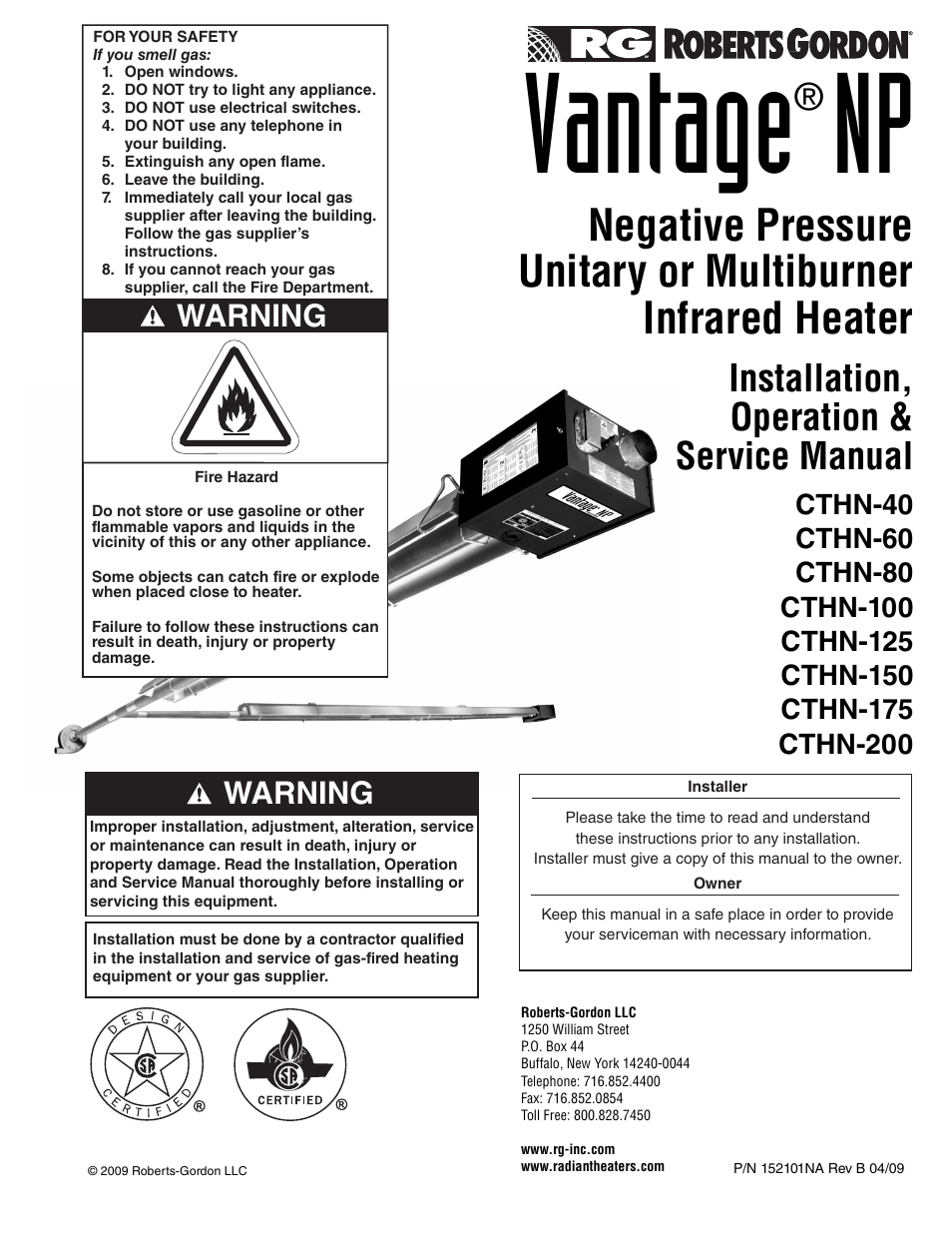 Roberts Gorden VANTAGE NP CTHN-200 User Manual | 30 pages