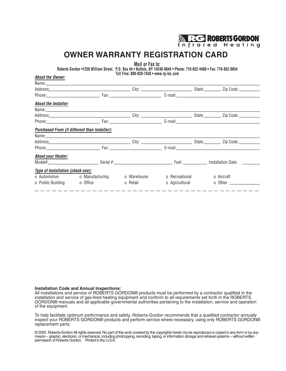 Owner warranty registration card, Mail or fax to | Roberts Gorden Caribe CGTH-50 User Manual | Page 55 / 58