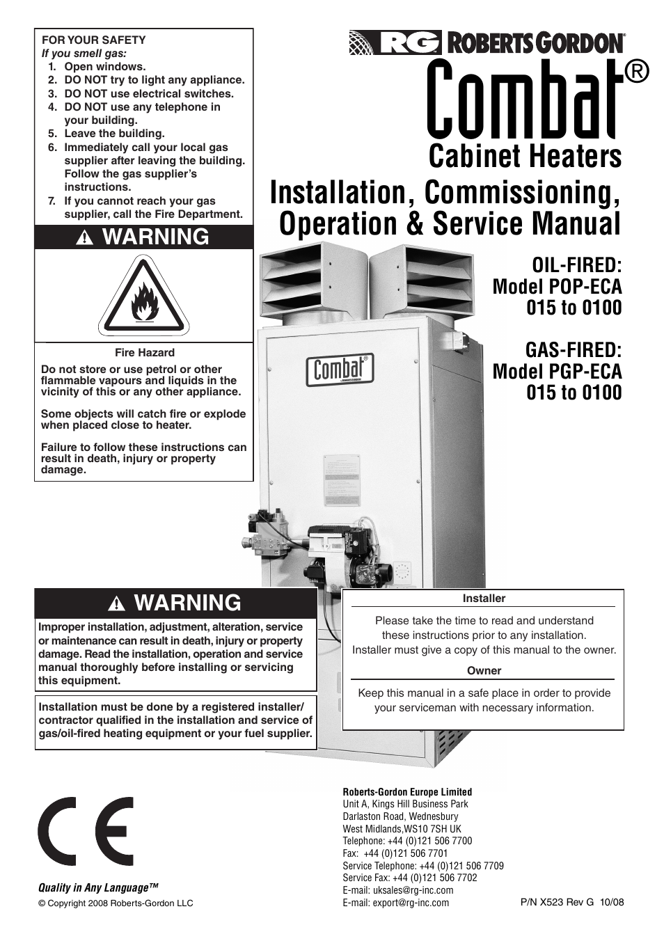 Roberts Gorden Combat Cabinet Heaters POP-ECA/PGP-ECA 015 to 0100 User Manual | 62 pages