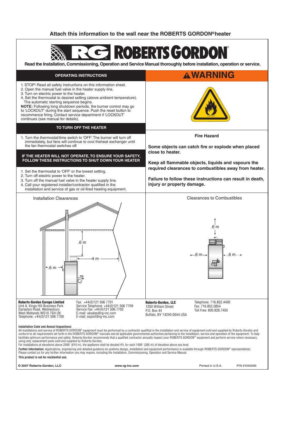 Warning, Heater | Roberts Gorden Combat Cabinet Heaters POP-ECA/PGP-ECA 015 to 0100 User Manual | Page 62 / 62