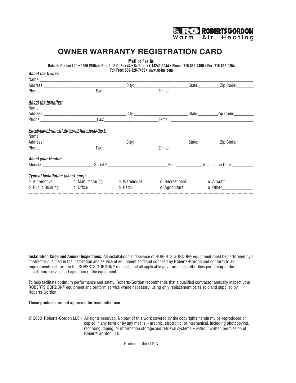 Owner warranty registration card | Roberts Gorden UHD[X][S][R] 150 User Manual | Page 47 / 50