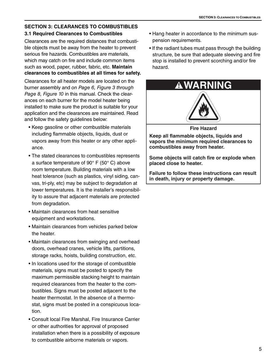 Section 3: clearances to combustibles, 1 required clearances to combustibles, Warning | Roberts Gorden CRV-B-9 User Manual | Page 11 / 40