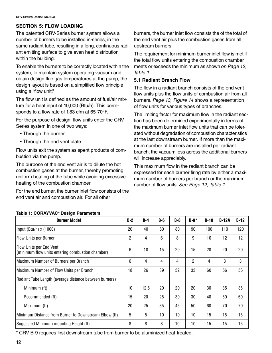 Section 5: flow loading, 1 radiant branch flow, Table 1: corayvac | Roberts Gorden CRV-B-9 User Manual | Page 18 / 40