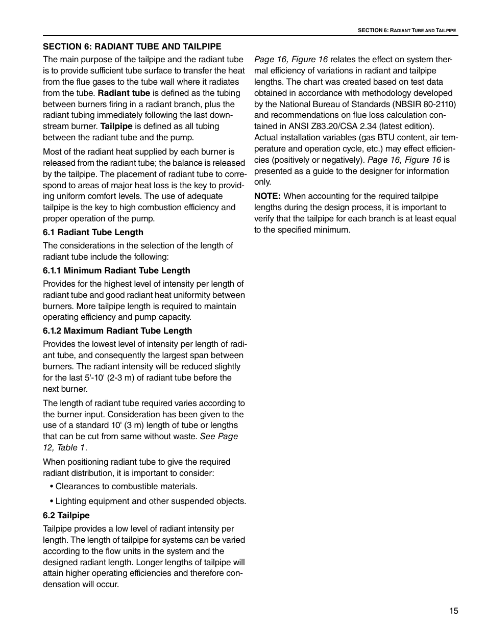 Section 6: radiant tube and tailpipe, 1 radiant tube length 6.2 tailpipe | Roberts Gorden CRV-B-9 User Manual | Page 21 / 40