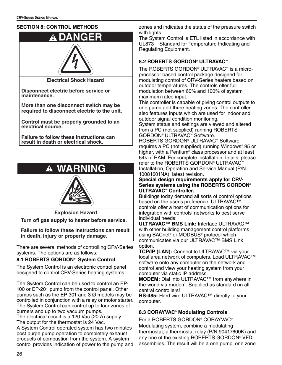 Section 8: control methods, 1 roberts gordon, 2 roberts gordon | 3 corayvac, Danger, Warning | Roberts Gorden CRV-B-9 User Manual | Page 32 / 40